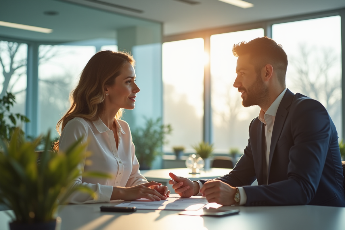 Intérieur moderne d une agence immobilière lumineuse avec agent et client