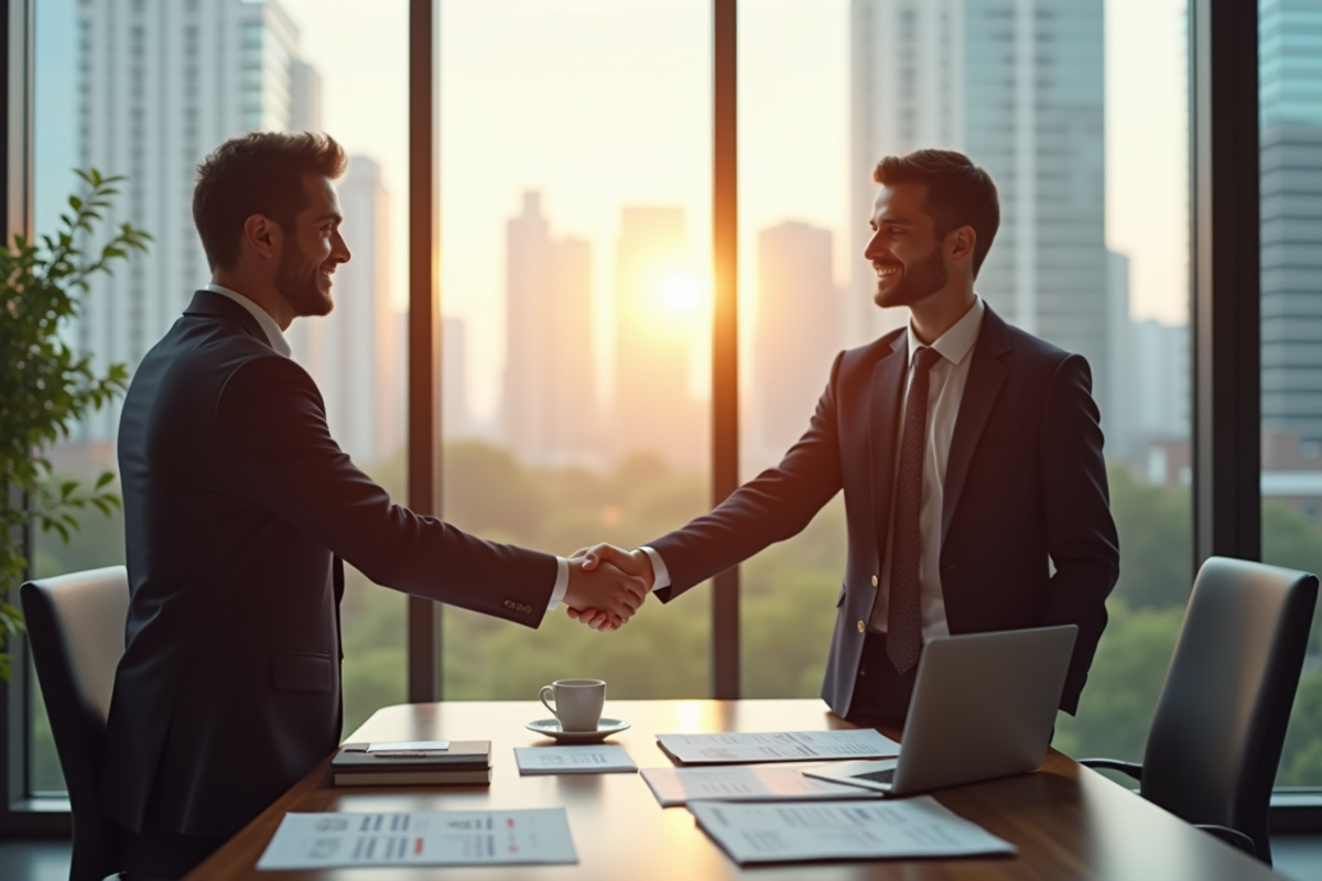 Agent immobilier serrant la main de clients dans un bureau lumineux