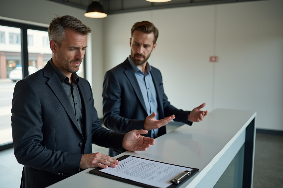 Agent immobilier discute avec un client dans un local vacant