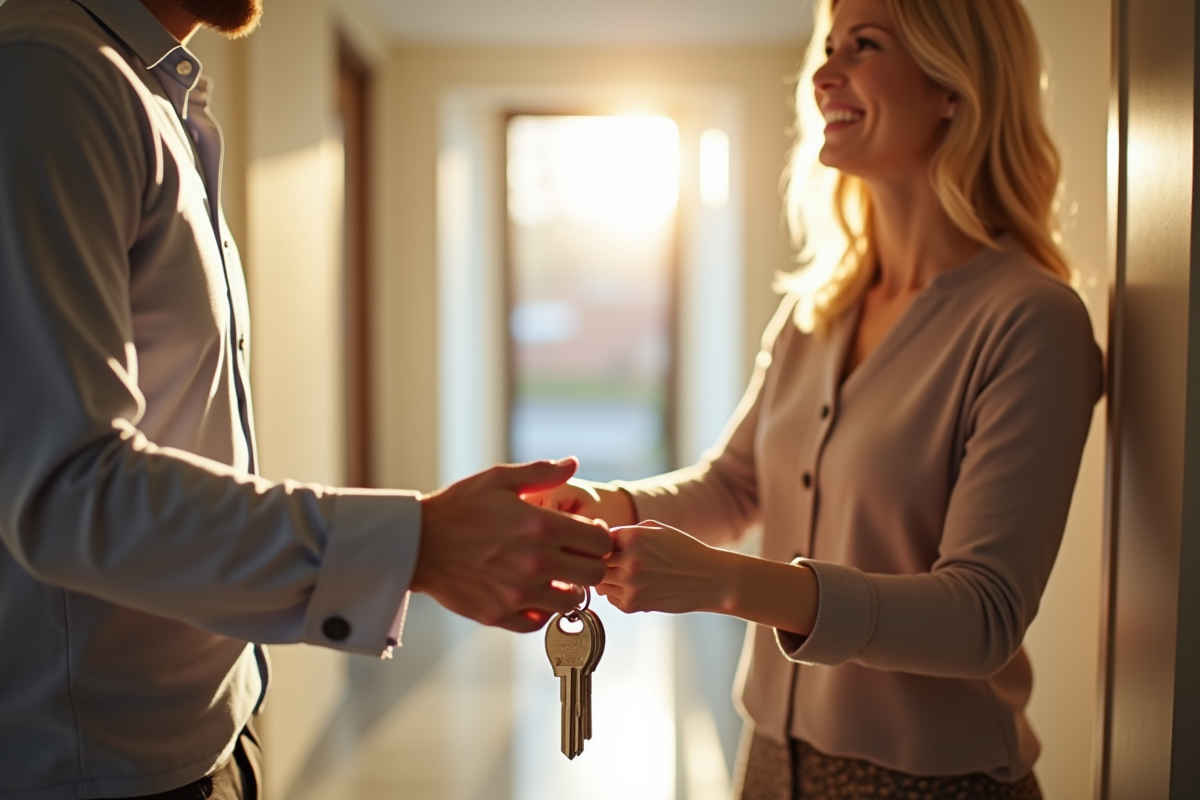 Agent immobilier remettant les clés à un couple souriant dans un hall lumineux
