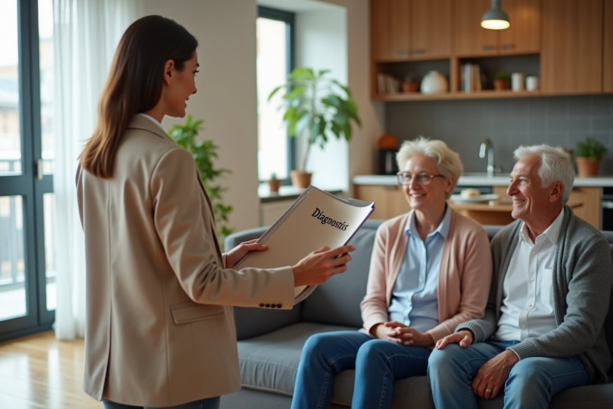 Jeune agente immobiliere remettant diagnostics au couple