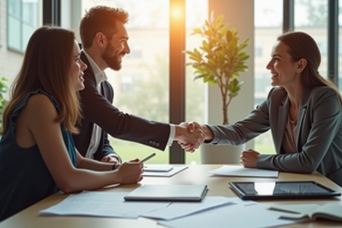Agent immobilier souriant serre la main d'un couple dans un bureau lumineux
