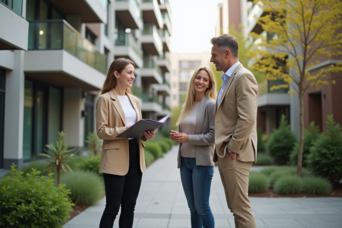 Agent immobilier avec couple devant un immeuble moderne
