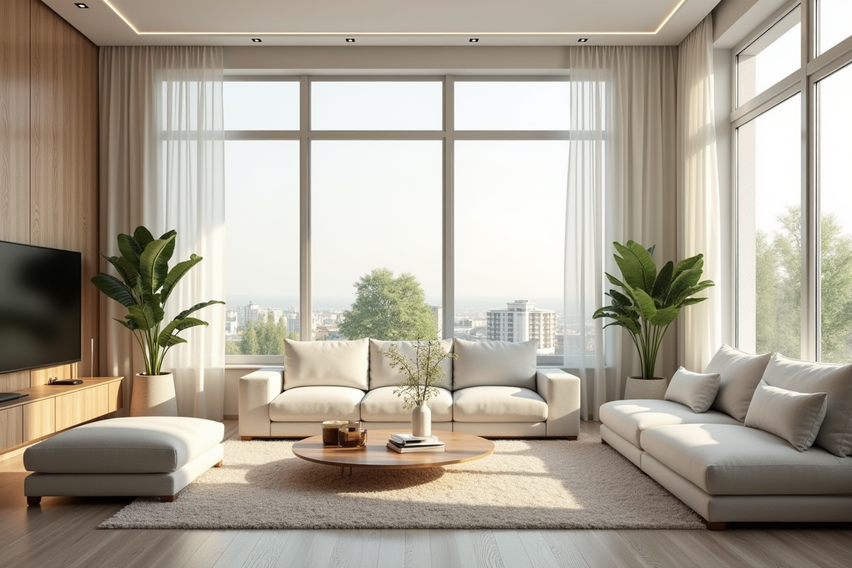 Salon lumineux d un appartement moderne avec grandes fenêtres