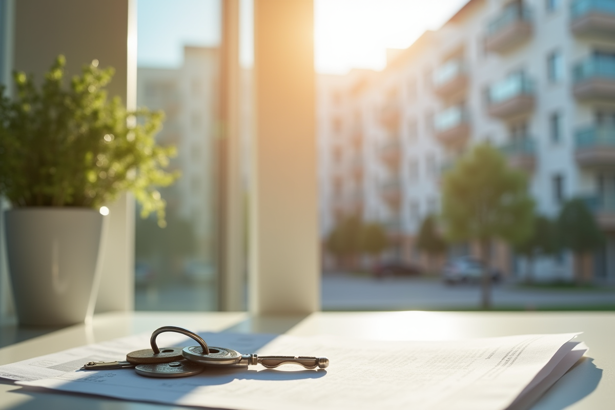 Façade d un immeuble d appartement urbain en plein jour avec clés et documents