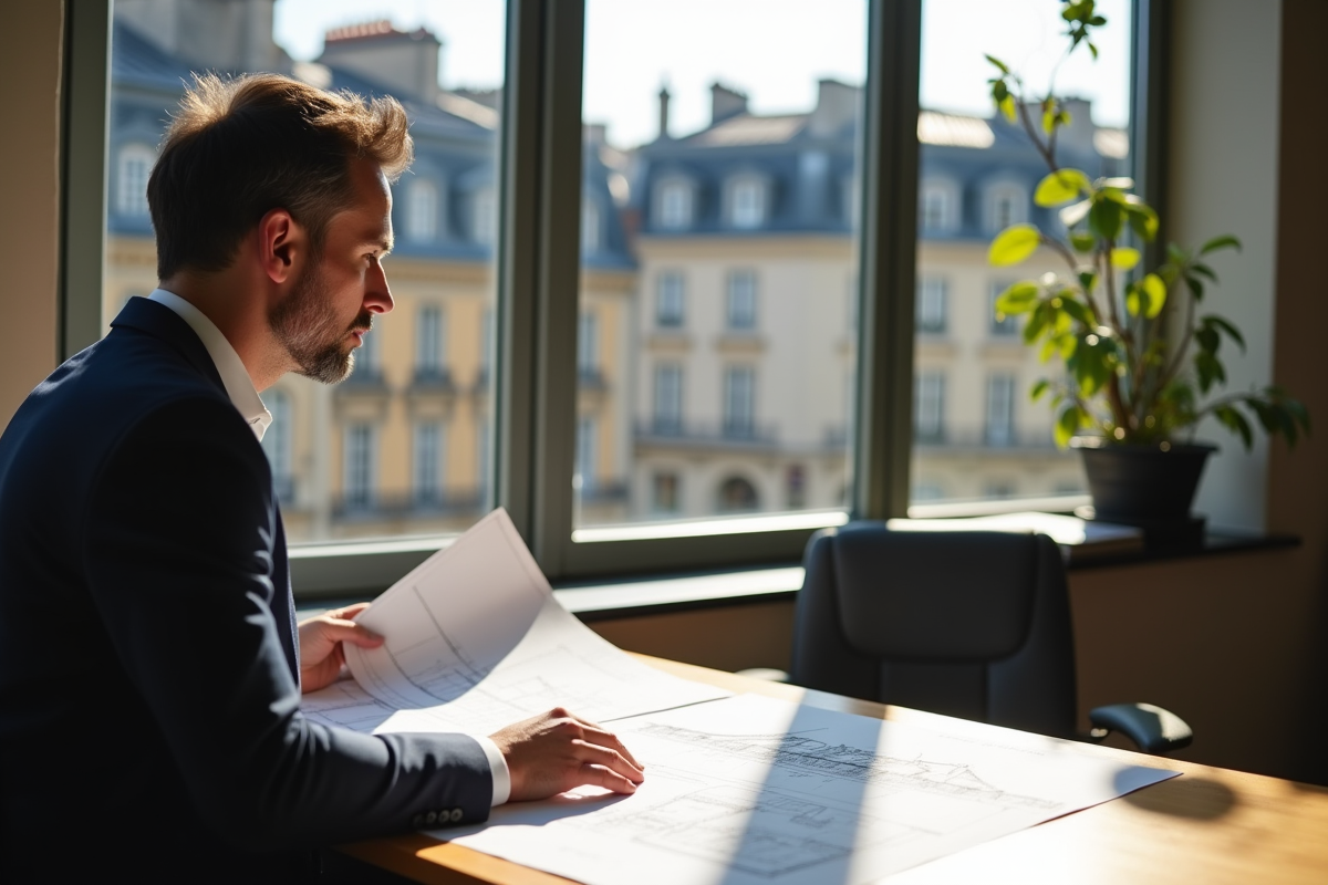 Professionnel confiant examinant plans et documents fiscaux dans une ville française