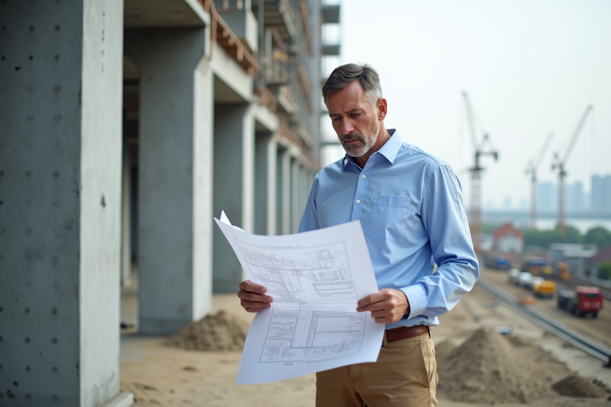 Architecte homme examinant des plans sur un chantier