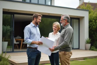 Architecte et couple devant extension moderne maison