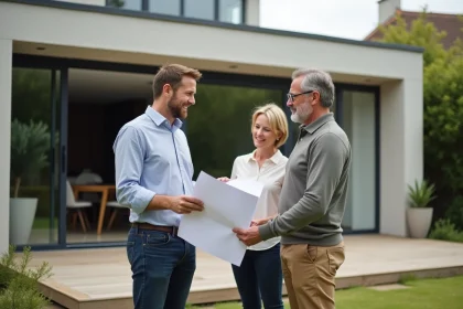 Architecte et couple devant extension moderne maison