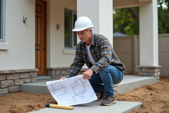 Architecte en jeans examine des plans devant une maison des années 90