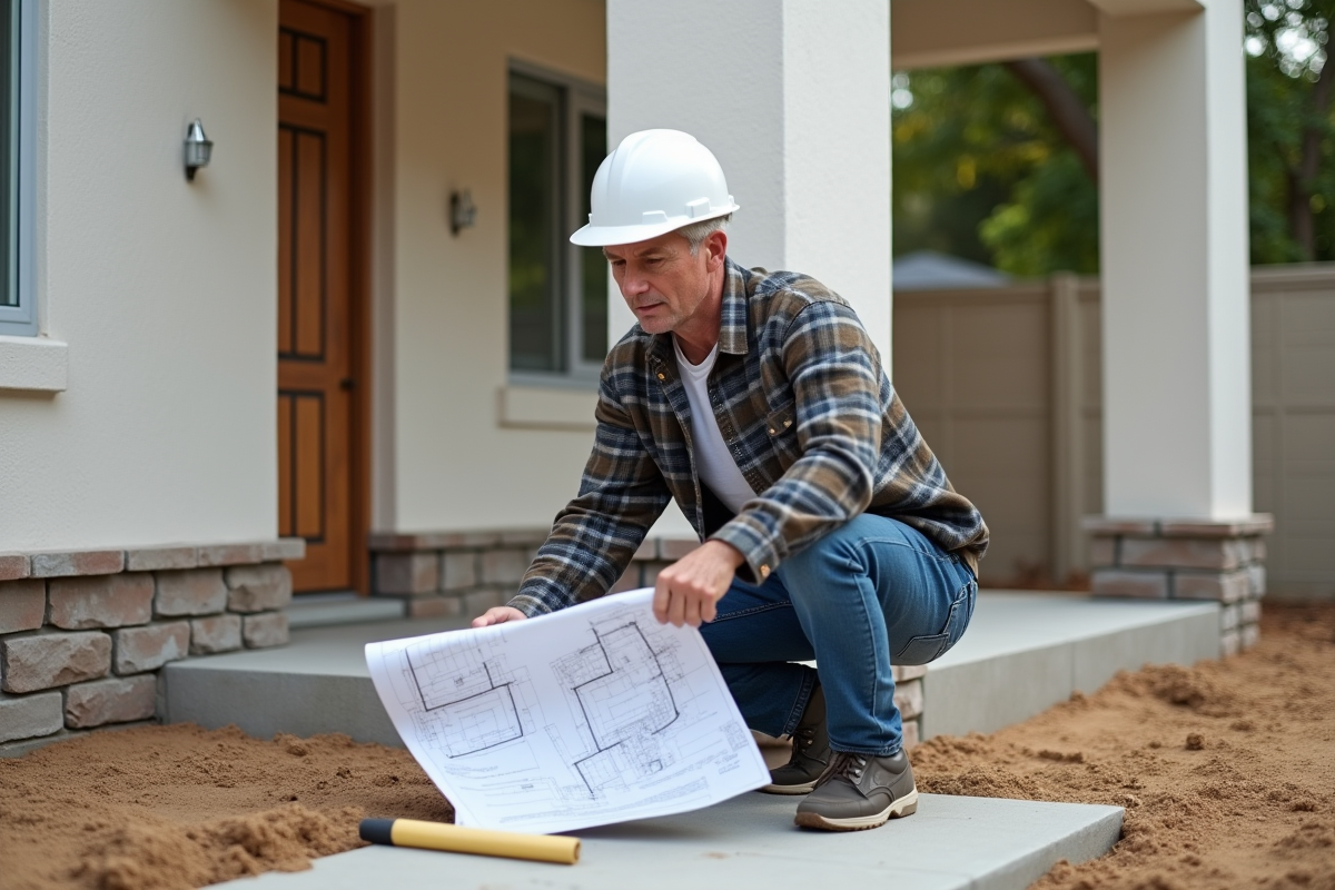 Architecte en jeans examine des plans devant une maison des années 90