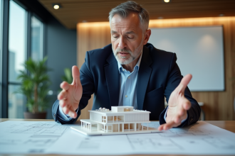 Architecte en blazer bleu montre un modele de batiment eco