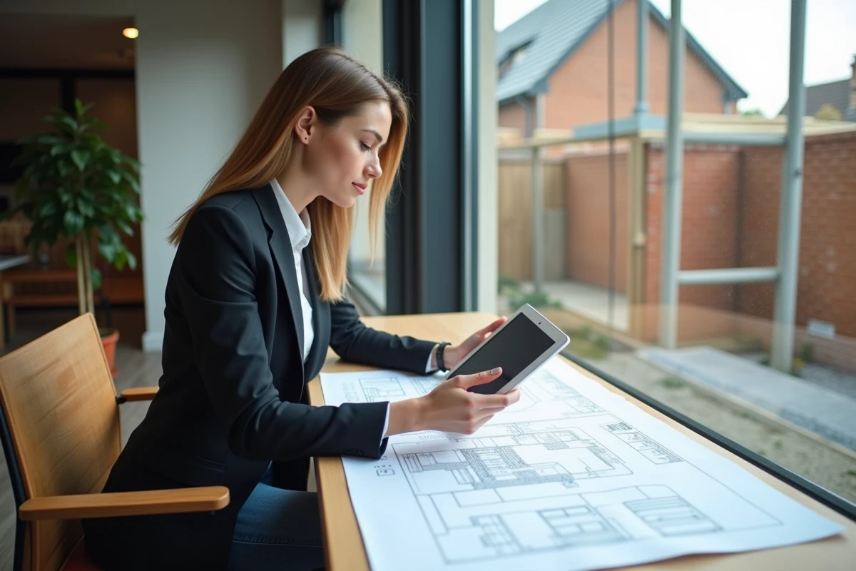 Jeune architecte examine plans dans bureau contemporain