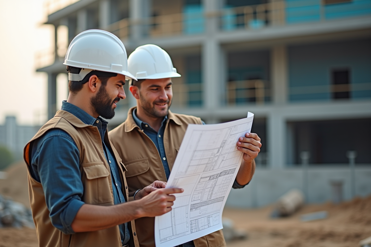 Architecte et ouvrier examinant des plans sur un chantier
