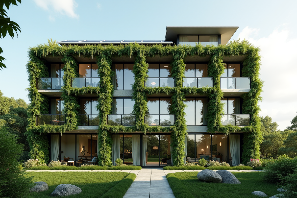 Bâtiment écologique moderne avec jardins verticaux et panneaux solaires