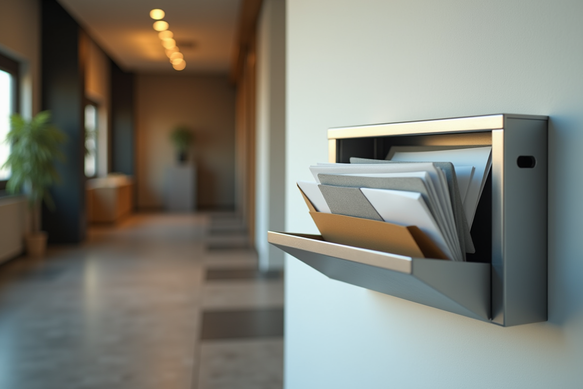 Boite aux lettres remplie de courriers récents dans un couloir moderne