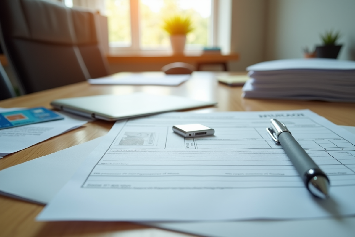 Bureau organisé avec documents administratifs et carte d'identité