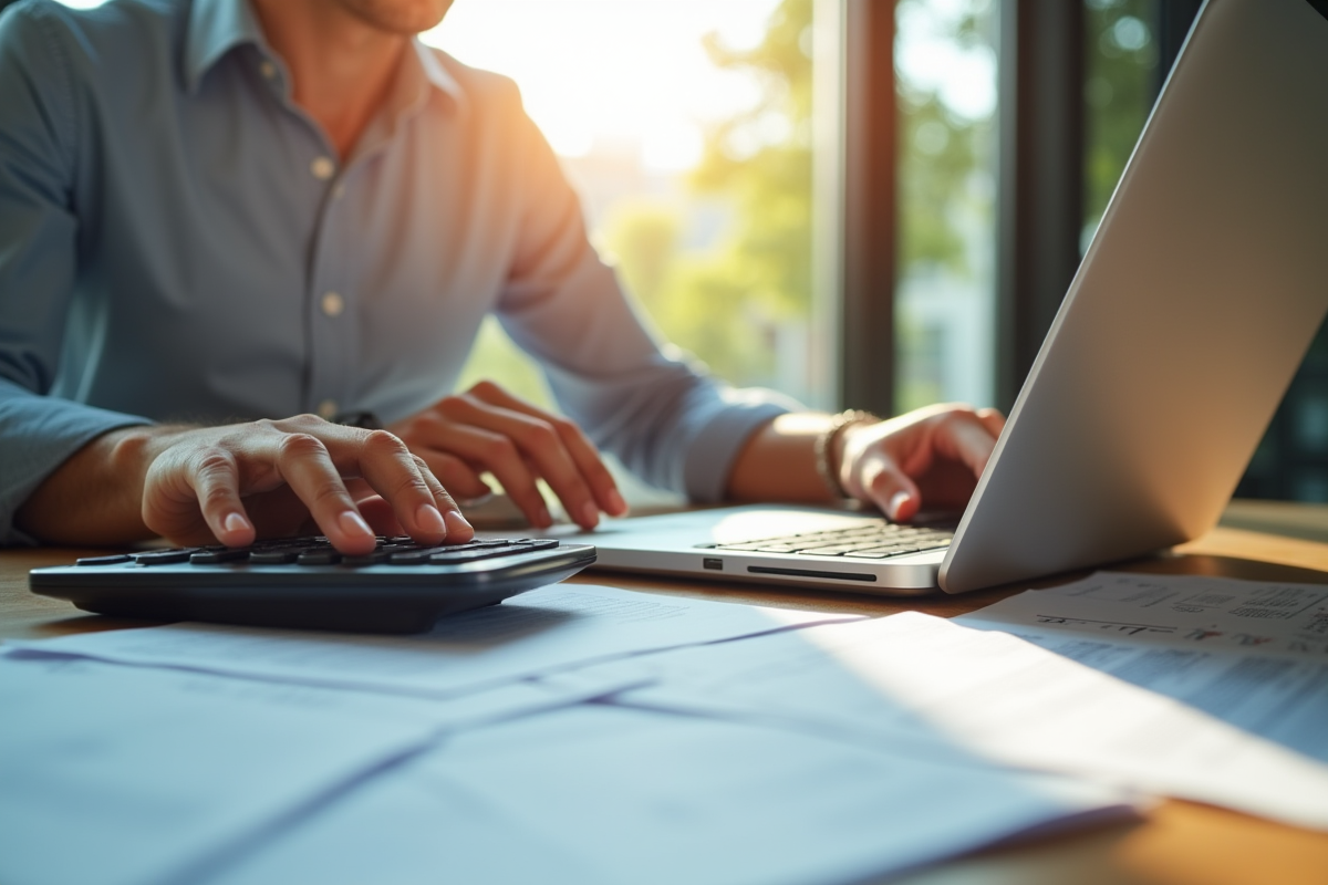 Personne calculant revenus locatifs avec documents et ordinateur
