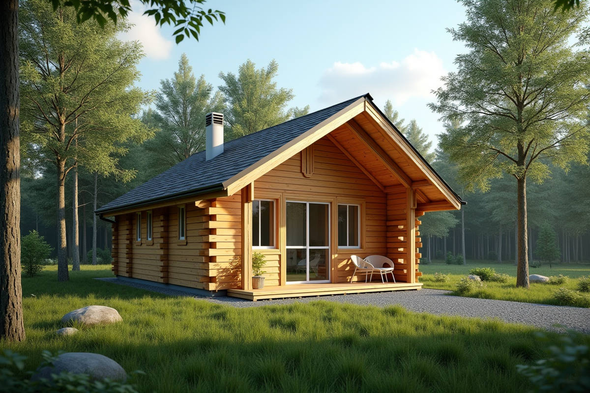 Chalet en bois neuf dans la forêt en plein jour