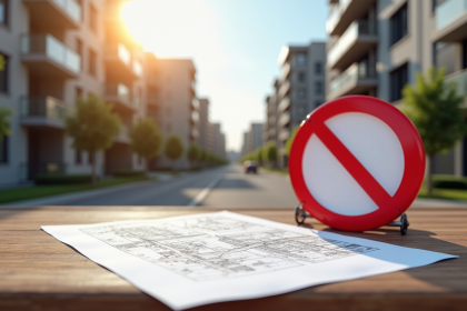 Chantier de construction en ville avec panneau d'interdiction