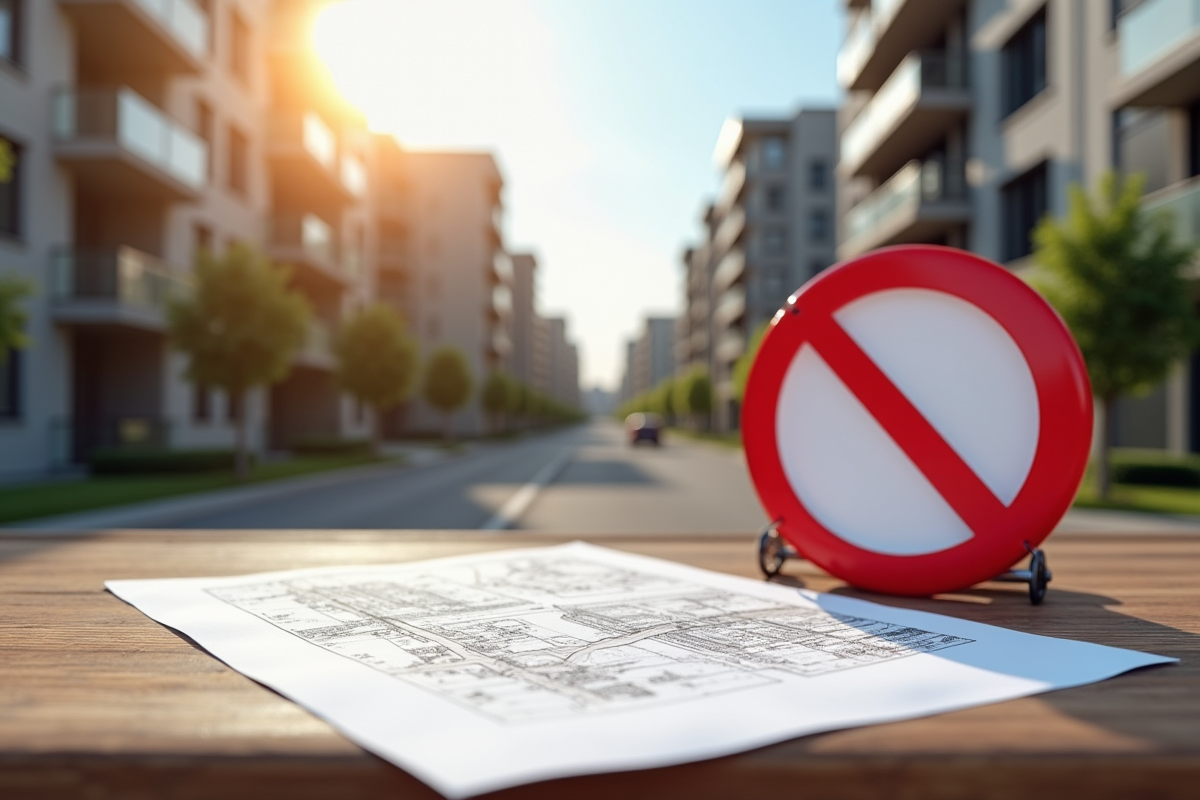 Chantier de construction en ville avec panneau d'interdiction