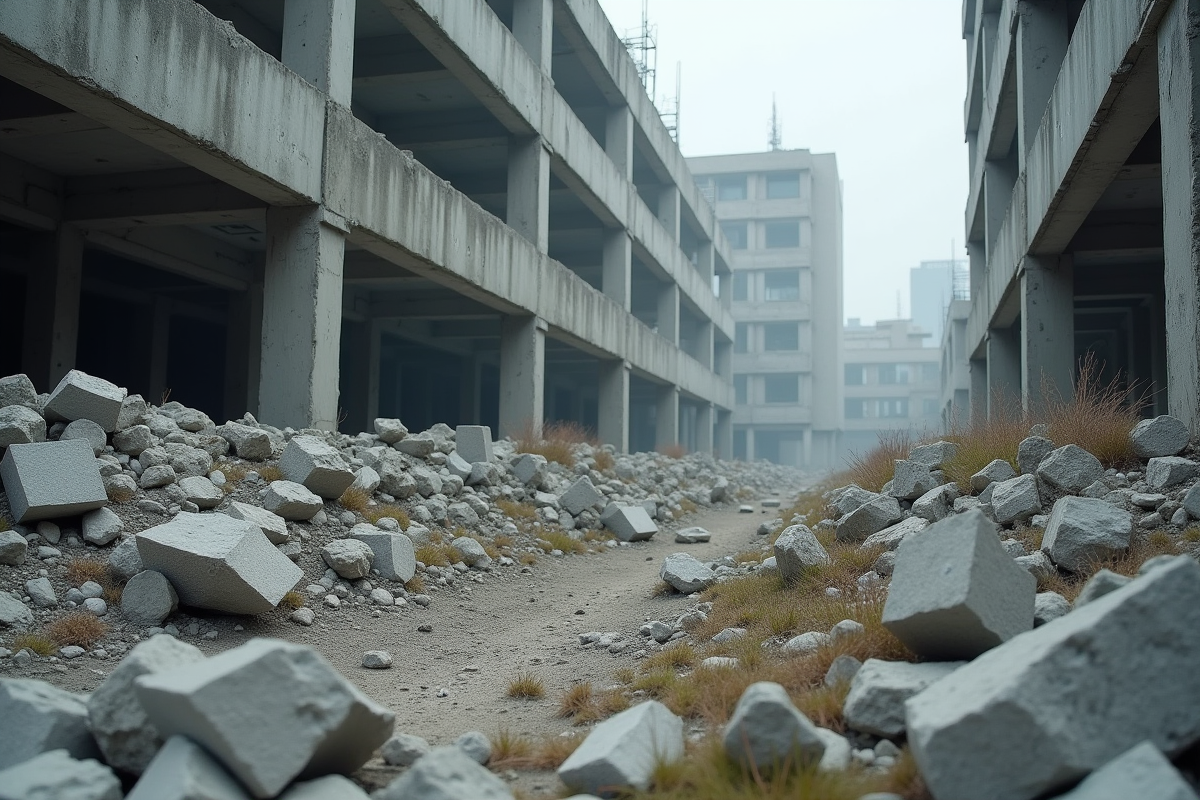 Site de construction urbain abandonné avec débris de béton