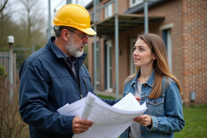 Chef travaux discutant plans de renovation avec proprietaire