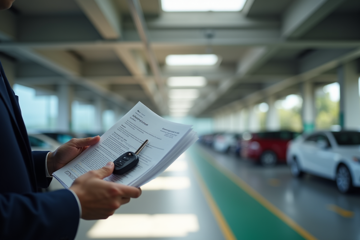 Main tenant des clés de voiture et papiers dans un parking souterrain