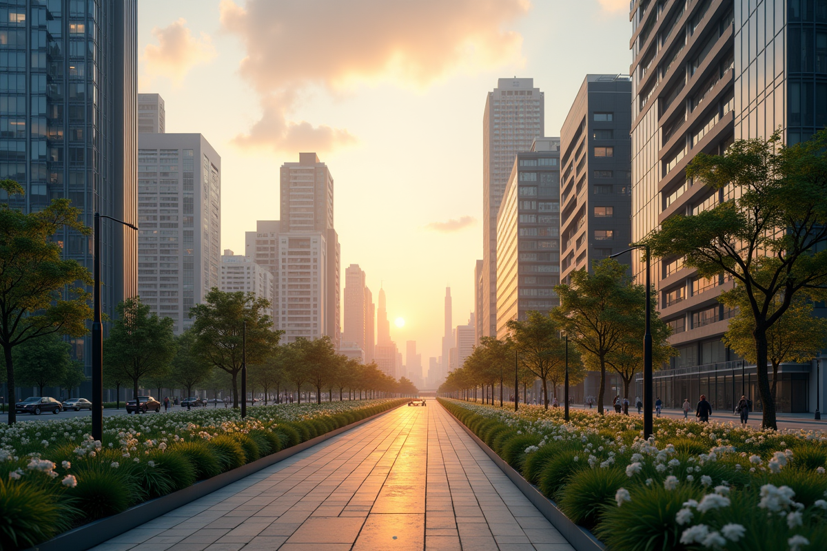 Paysage urbain moderne au lever du soleil avec gratte-ciel et jardins