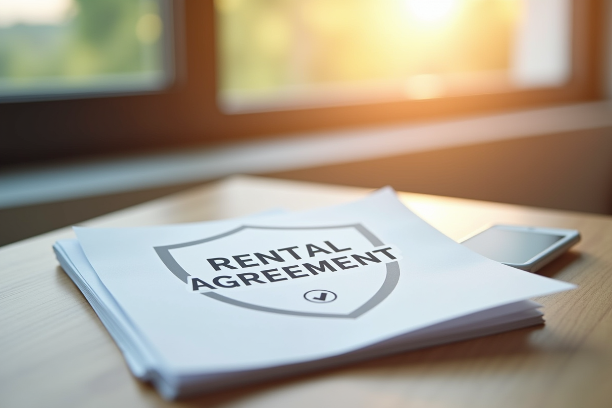Pile de contrats de location avec symbole de protection sur un bureau