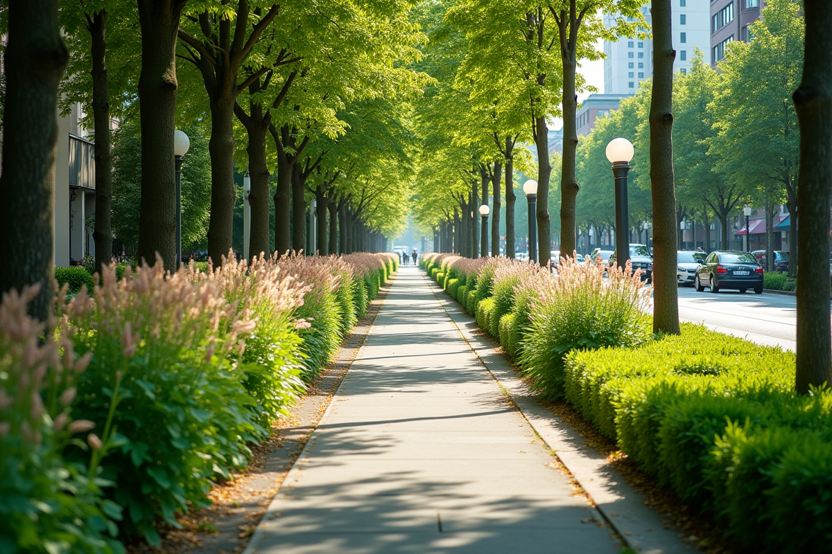Couloir vert en ville avec fleurs sauvages et arbres