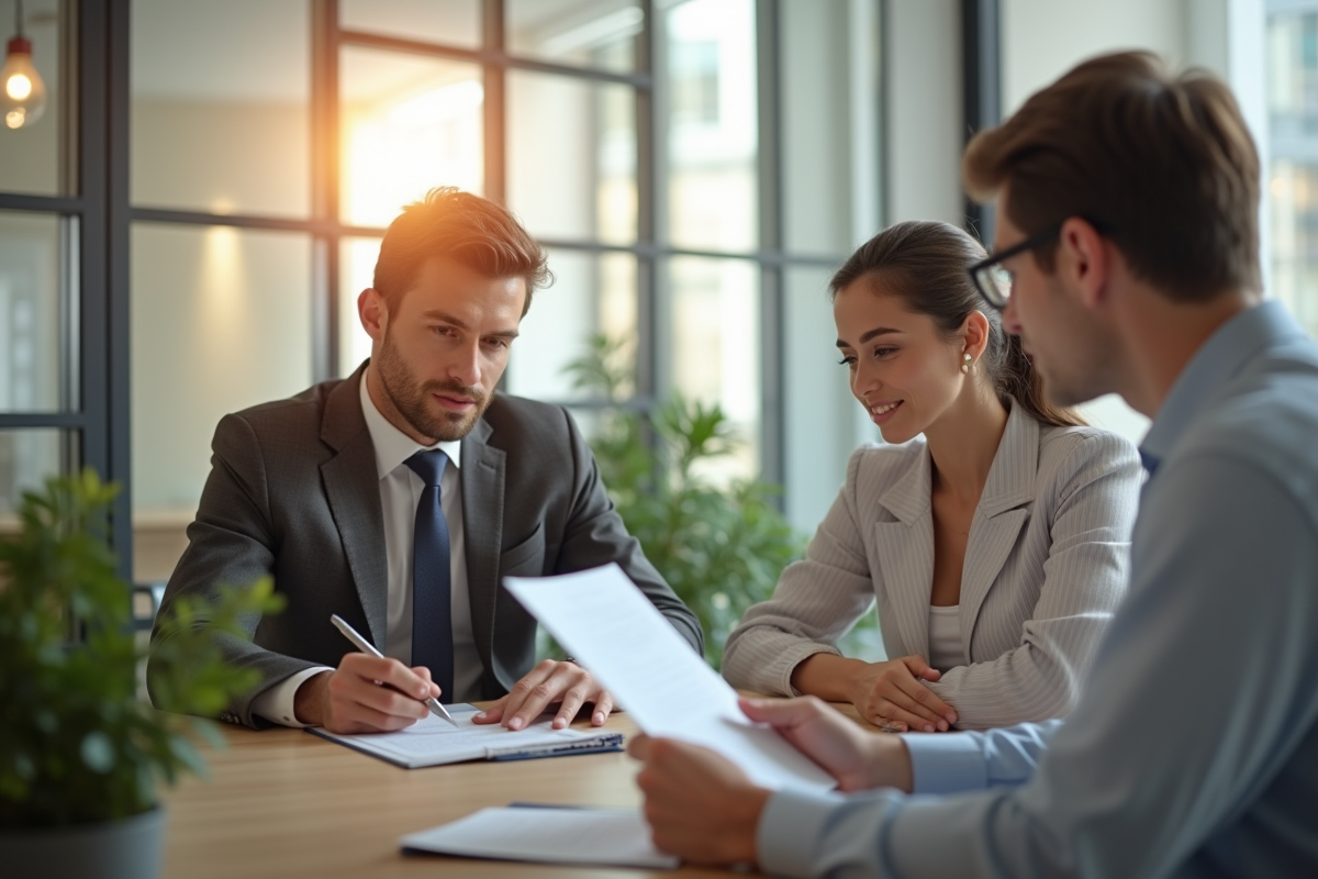 Jeune couple en banque discutant avec un conseiller