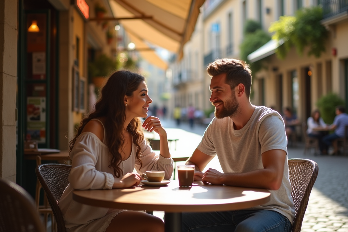 Jeune couple au café en ville provinciale française