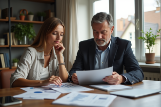Couple d'adultes discutant de documents immobiliers dans un bureau moderne