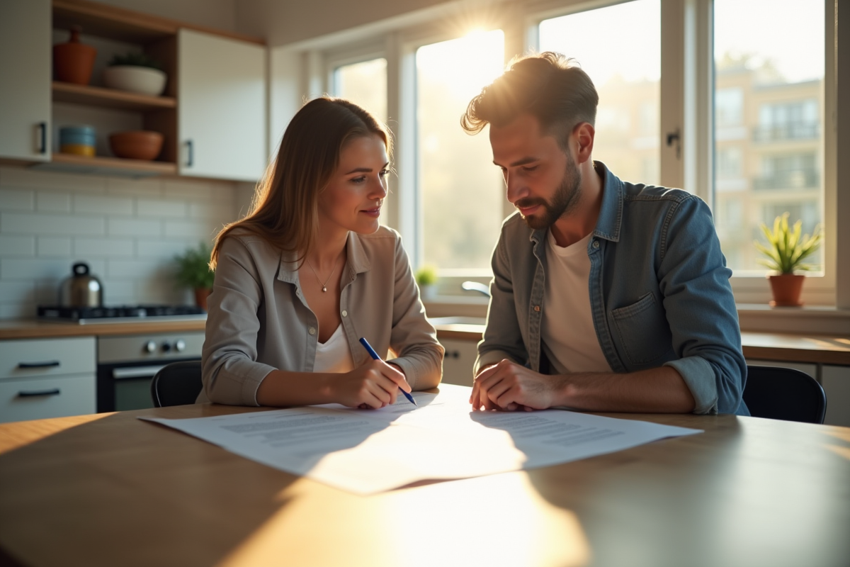 Jeune couple examinant un contrat de location dans une cuisine lumineuse