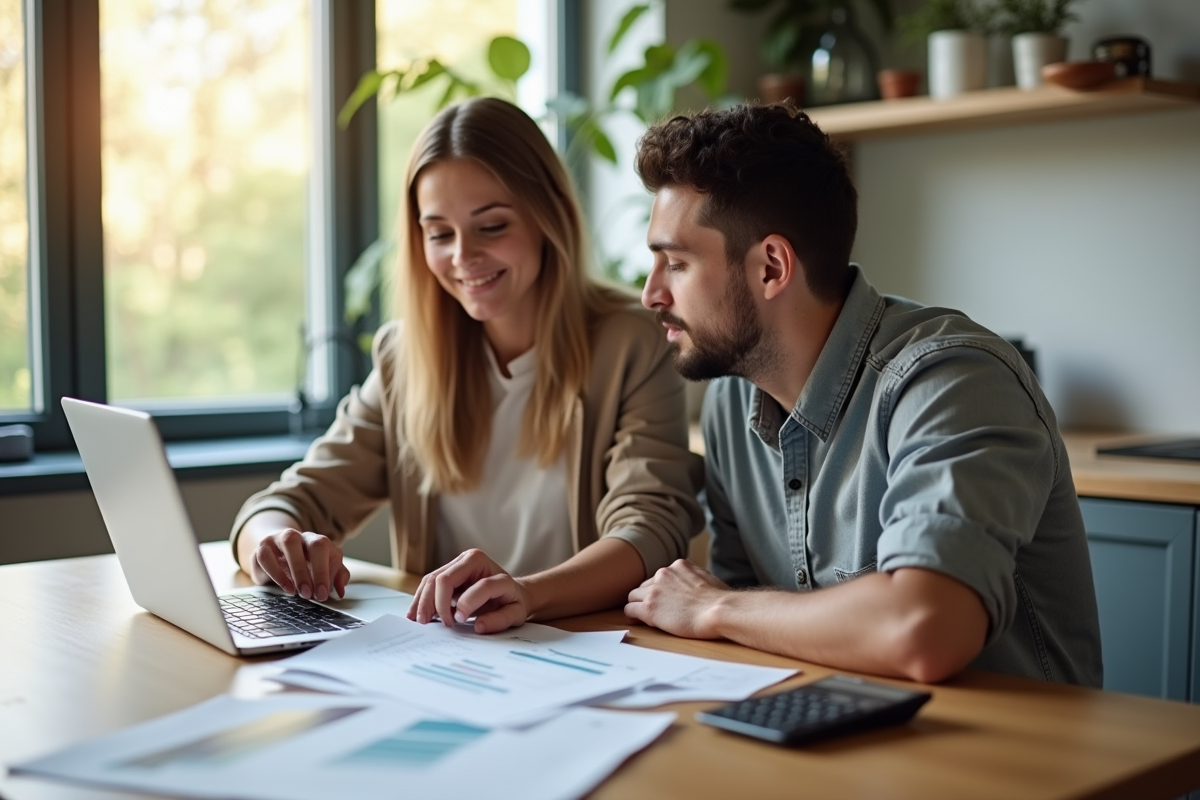 Jeune couple à la cuisine examinant des documents de prêt immobilier
