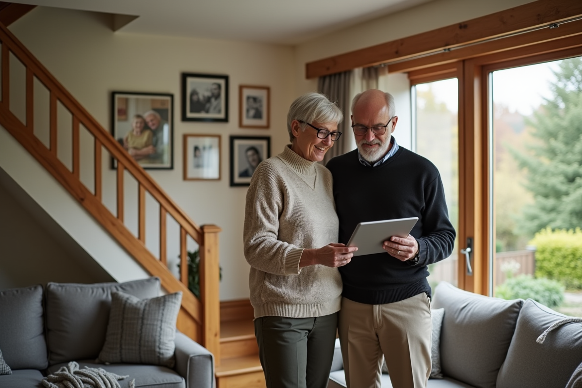 Couple discutant de revenus locatifs dans un salon chaleureux