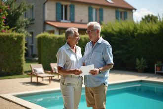 Couple français discutant près d'une piscine dans le jardin