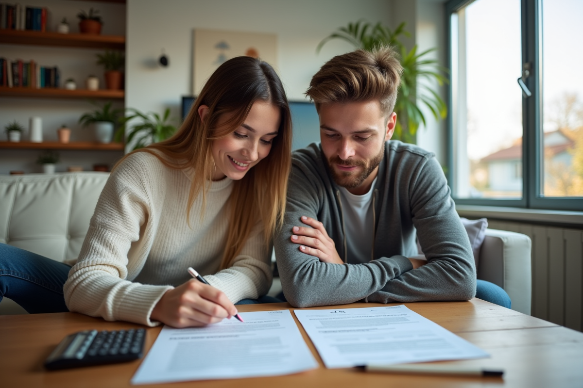 Jeune couple discutant de documents de prêt immobilier
