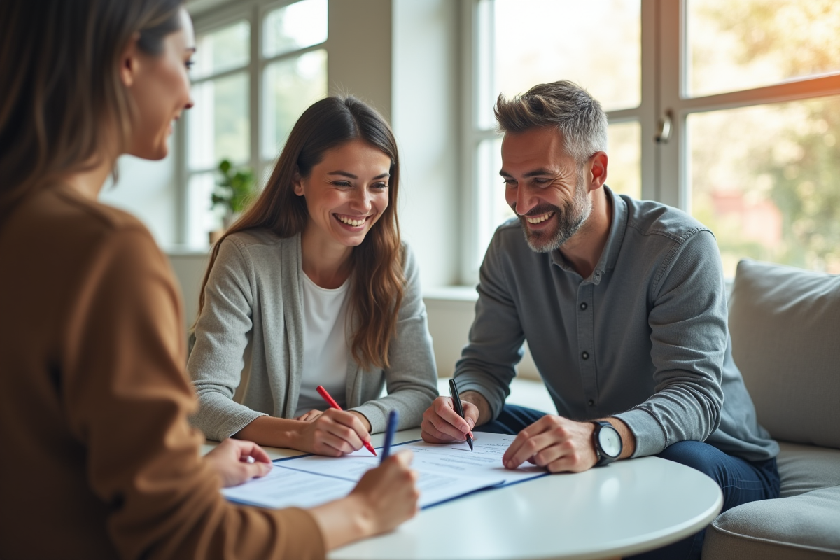 Couple heureux avec conseiller immobilier dans un salon lumineux