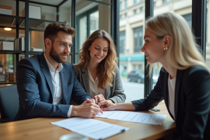 Jeune couple en r&eacute;union avec agent immobilier