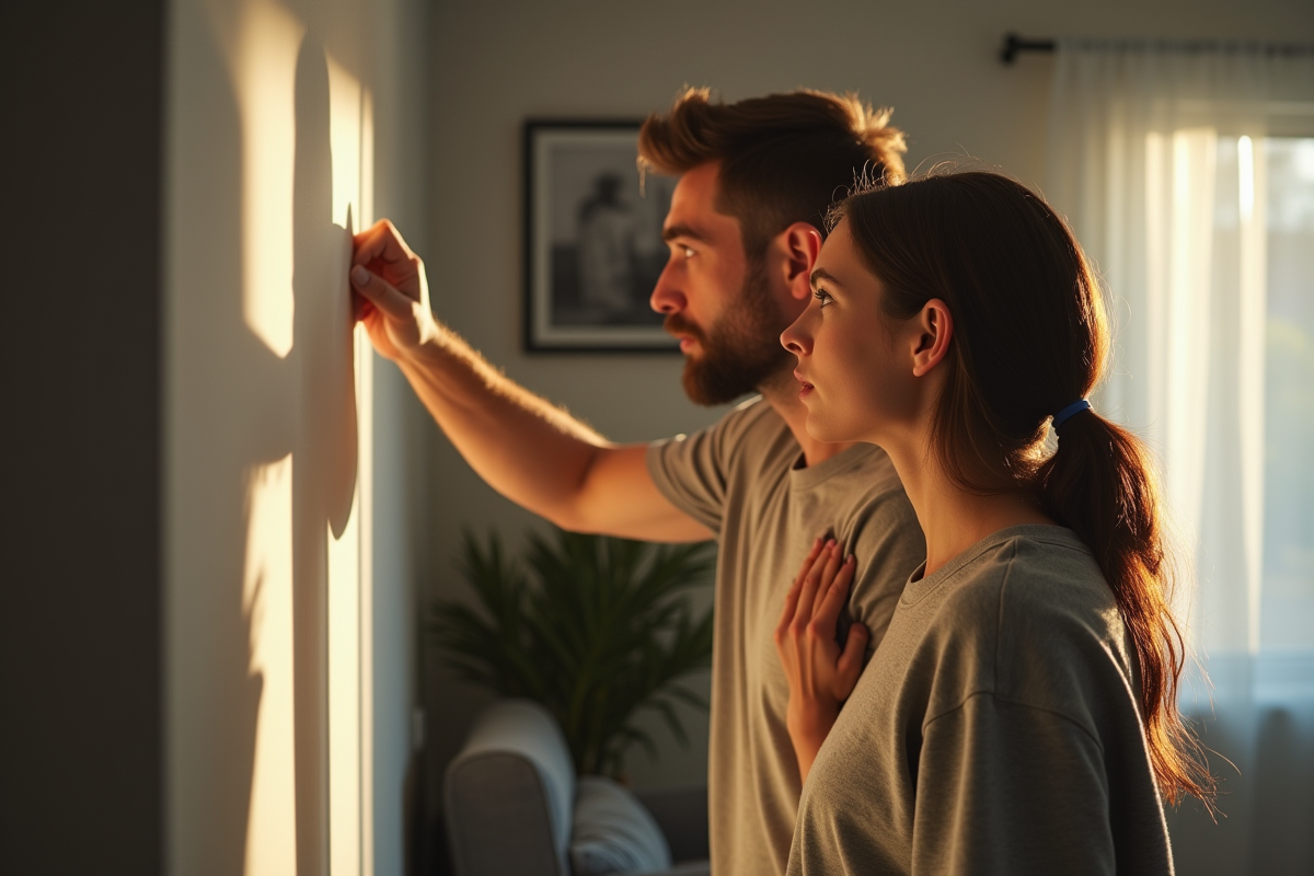 Couple inquiet examinant une fissure dans un salon lumineux