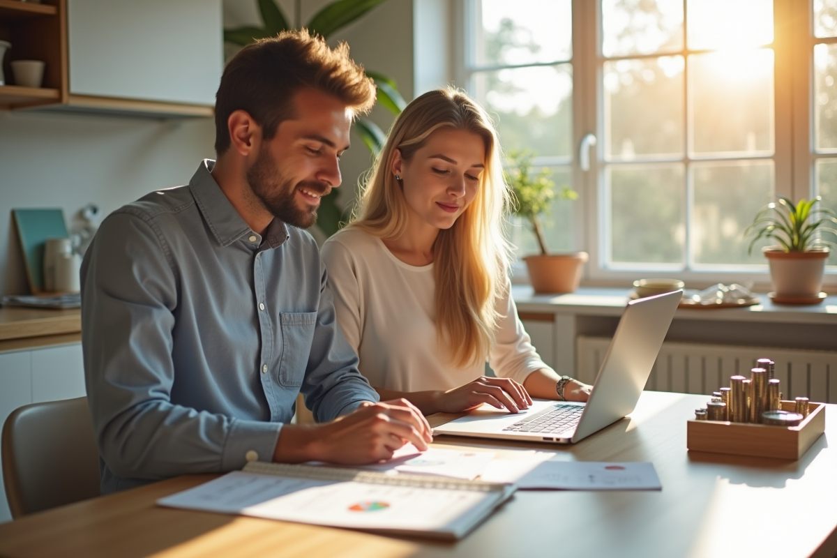 Jeune couple discutant d'investissement immobilier à la maison