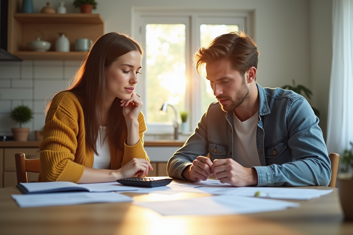 Jeune couple examinant des factures et documents de location