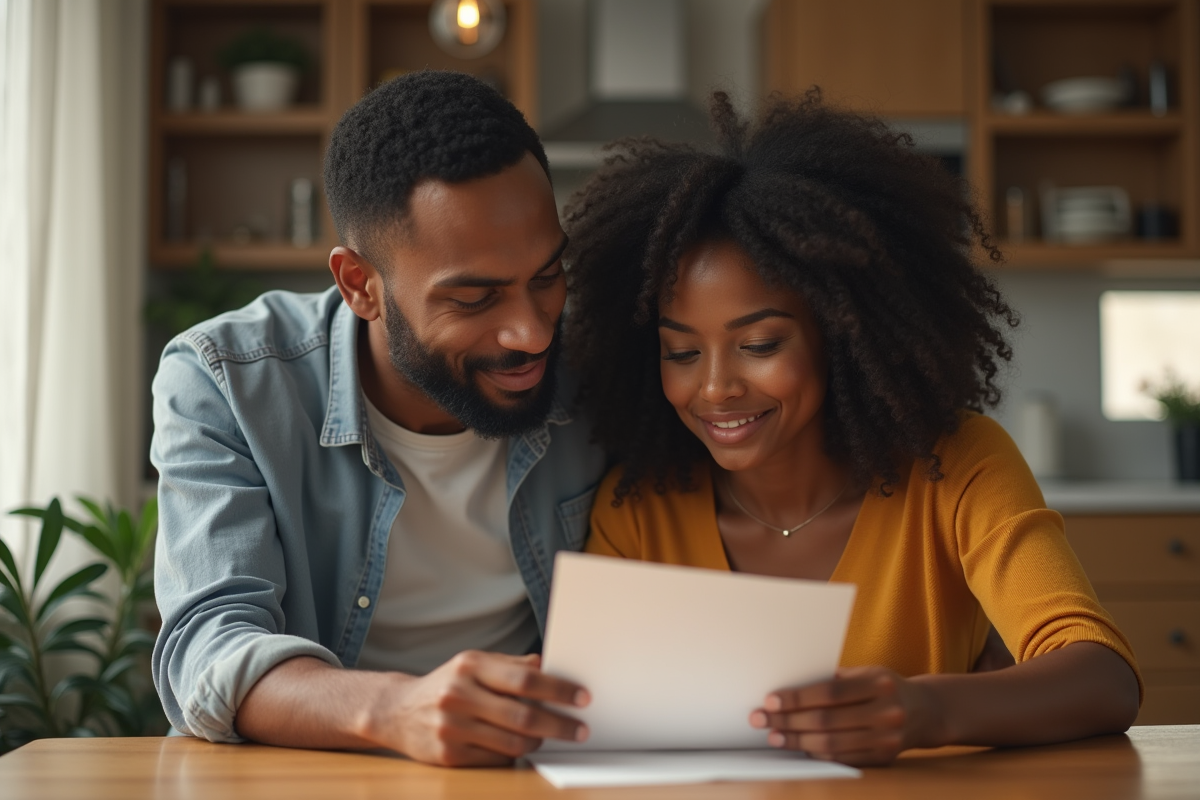 Couple dans une cuisine lisant une lettre importante ensemble