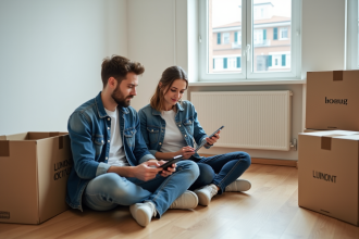 Couple concentré avec cartons et calculatrice dans un salon
