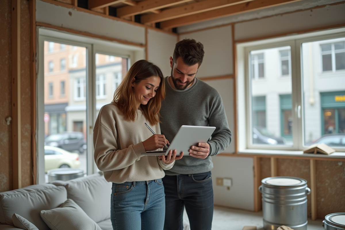Jeune couple collaborant sur un projet de rénovation dans un salon en travaux