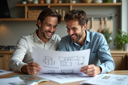 Jeune couple souriant en cuisine moderne pour rénovation