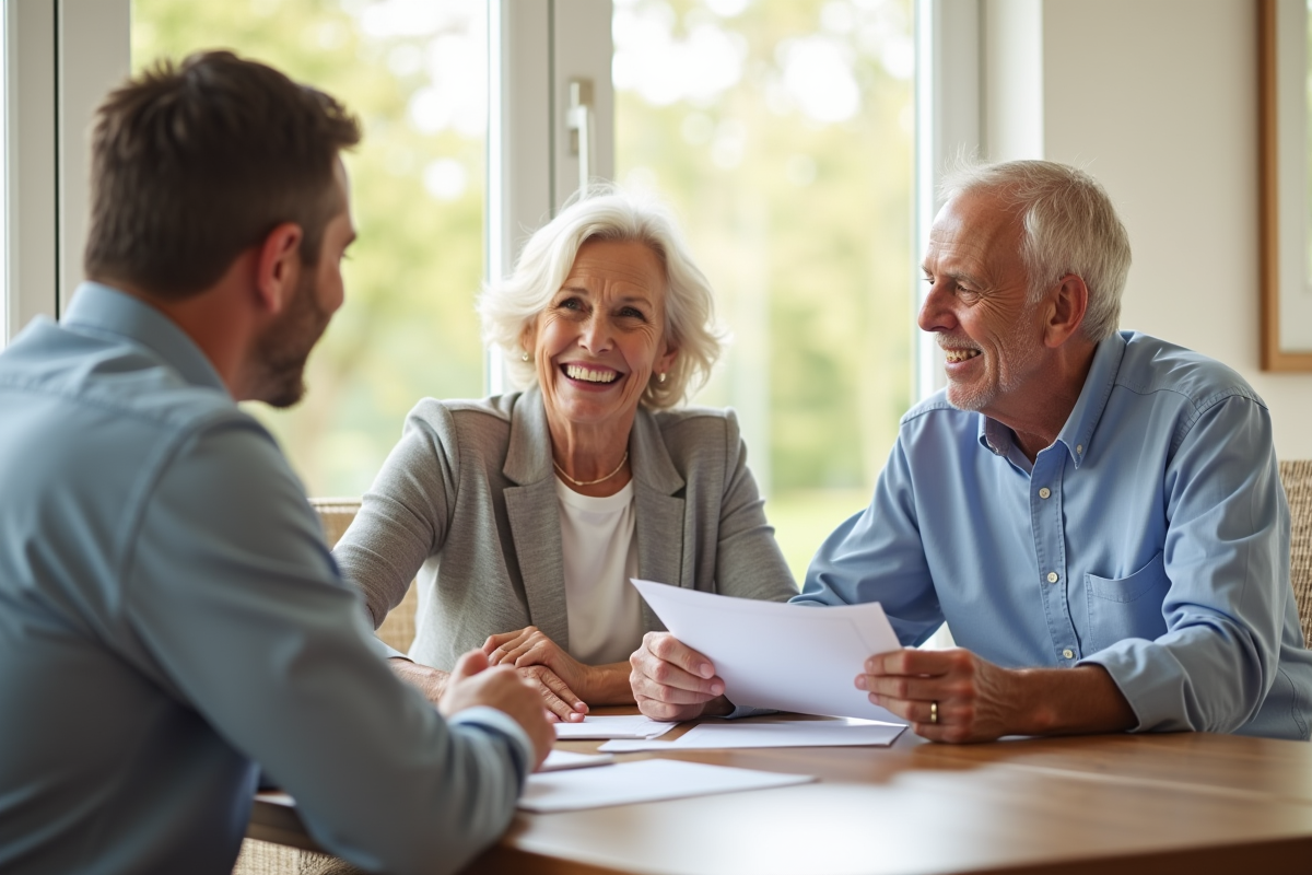 Couple senior souriant discutant avec un conseiller financier dans une salle lumineuse