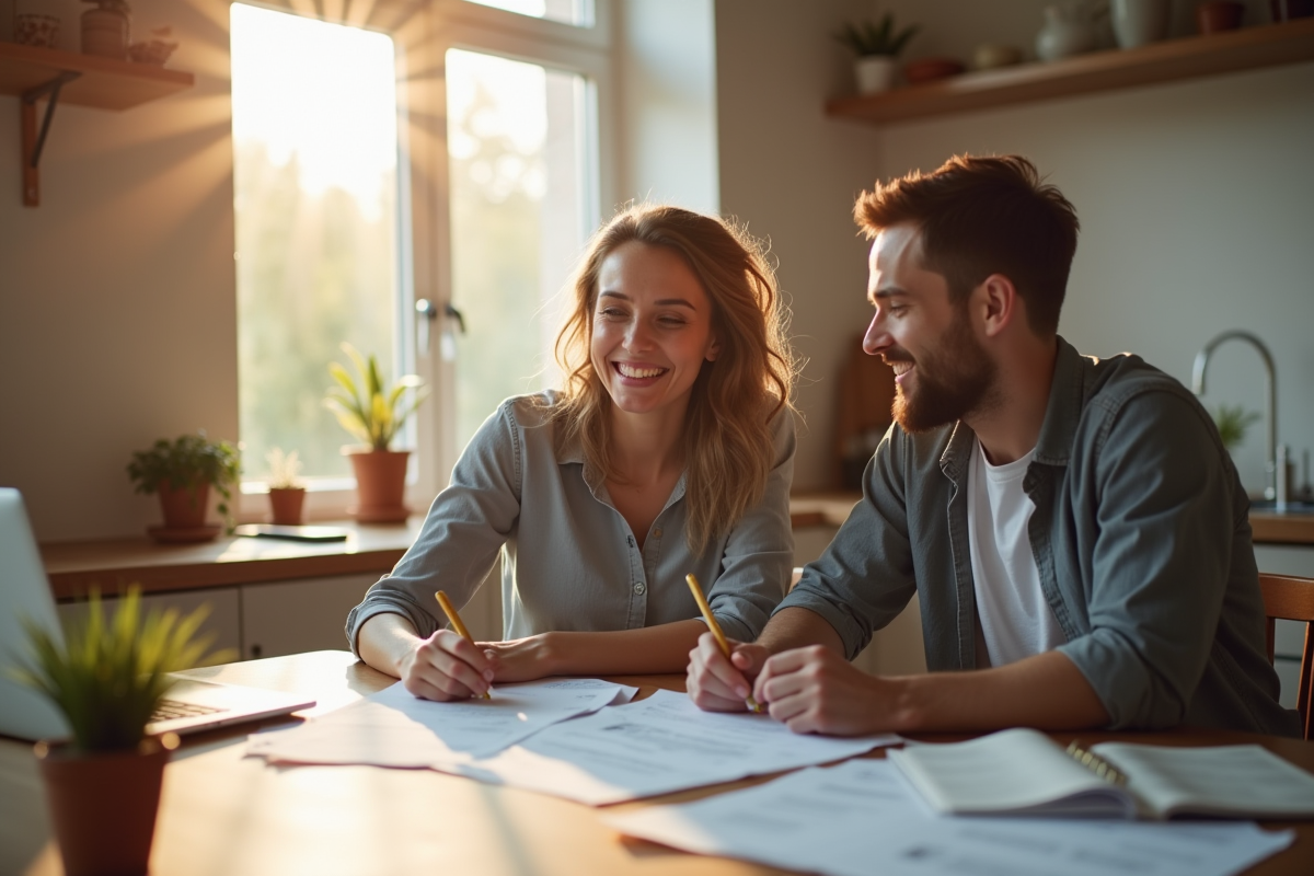 Couple souriant dans la cuisine avec papiers et ordinateur